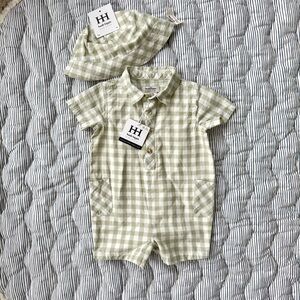 NWT Haute Hippie Green Checkered Baby Romper and Hat Set, Size 6-9 months